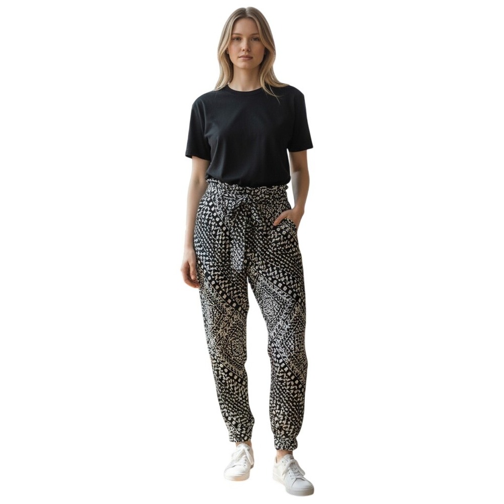 Boom Boom Jeans Womens Black White Geometric Print Paperbag Jogger Pants V13728Z